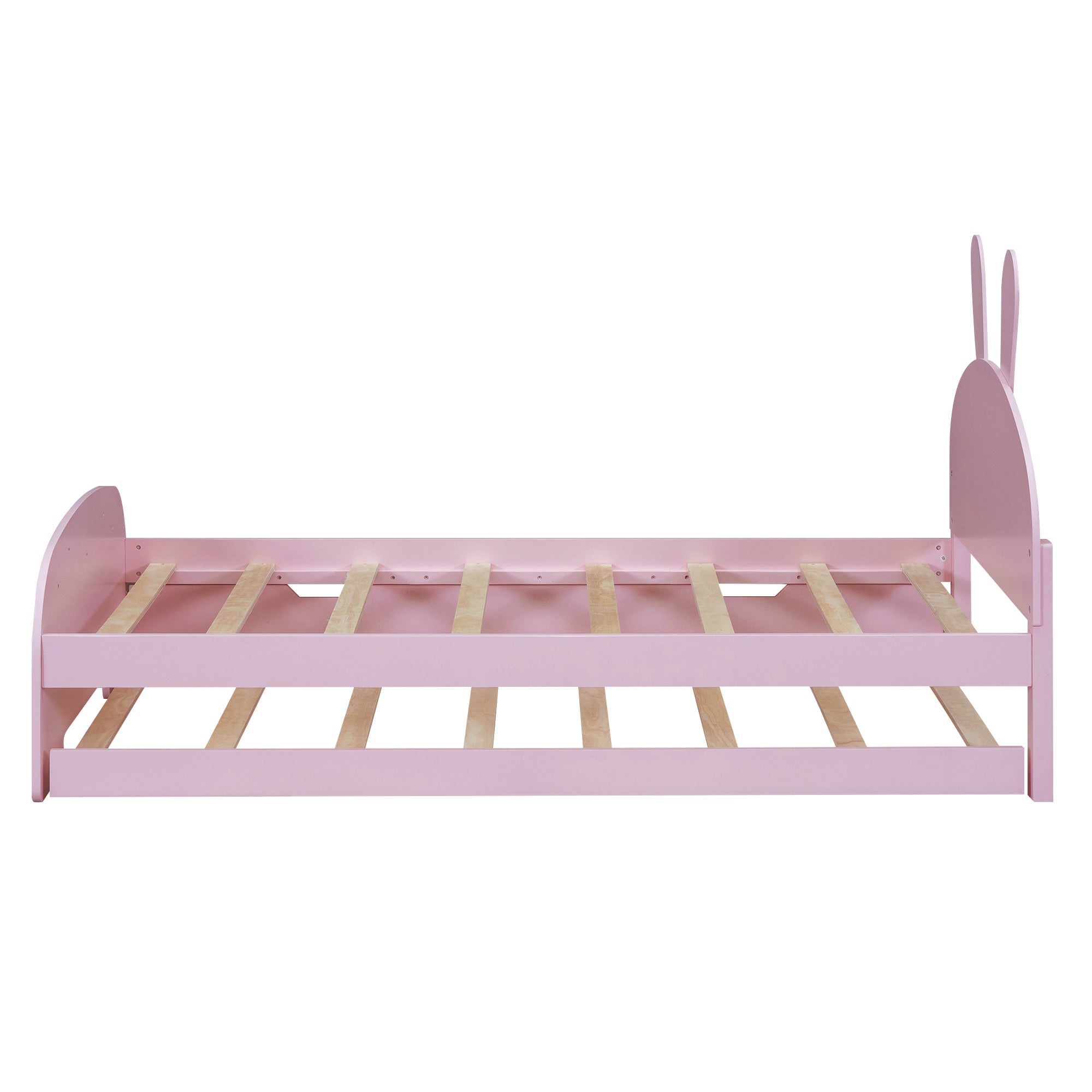 Wood Twin Size Platform Bed with Cartoon Ears Shaped Headboard and Trundle, Pink - Atlantic Fine Furniture Melbourne FL