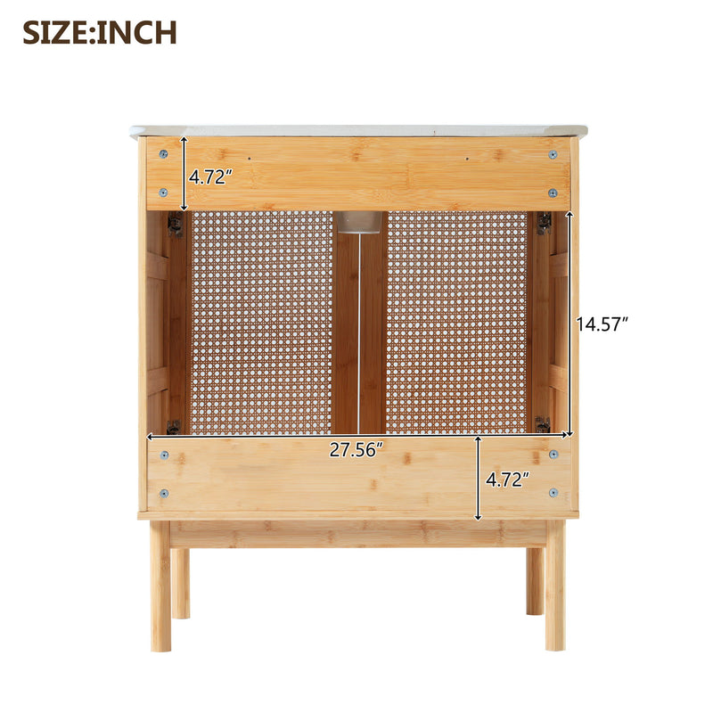 Bathroom Vanity Crafted From Natural Materials, Featuring Handmade Rattan Doors And Soft-Closing Mechanisms - Light Brown