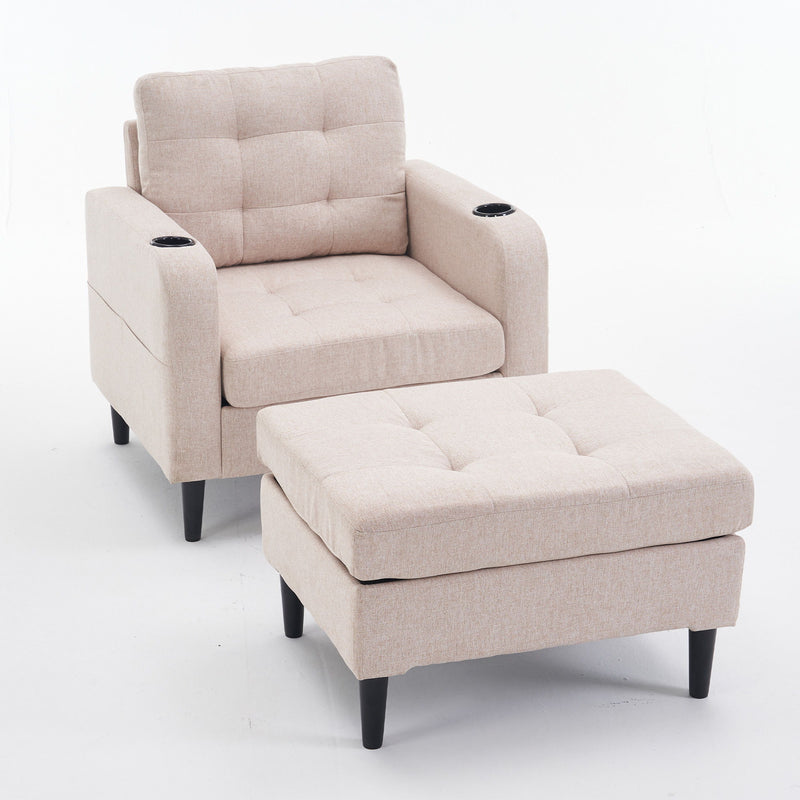 Beige Upholstered Armchair And Storage Ottoman Set, Comfortable Single Sofa With Cup Holders And Tufted Detailing, Ideal For Living Room Or Bedroom - Beige