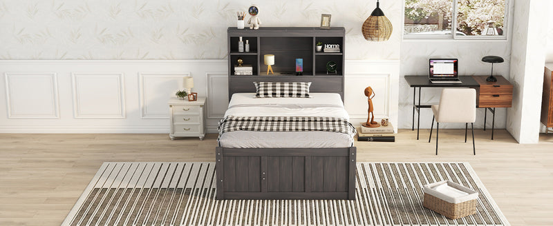 Twin Size Platform Bed with Storage Headboard, Charging Station, Twin Size Trundle and 3 Drawers, Antique Brown