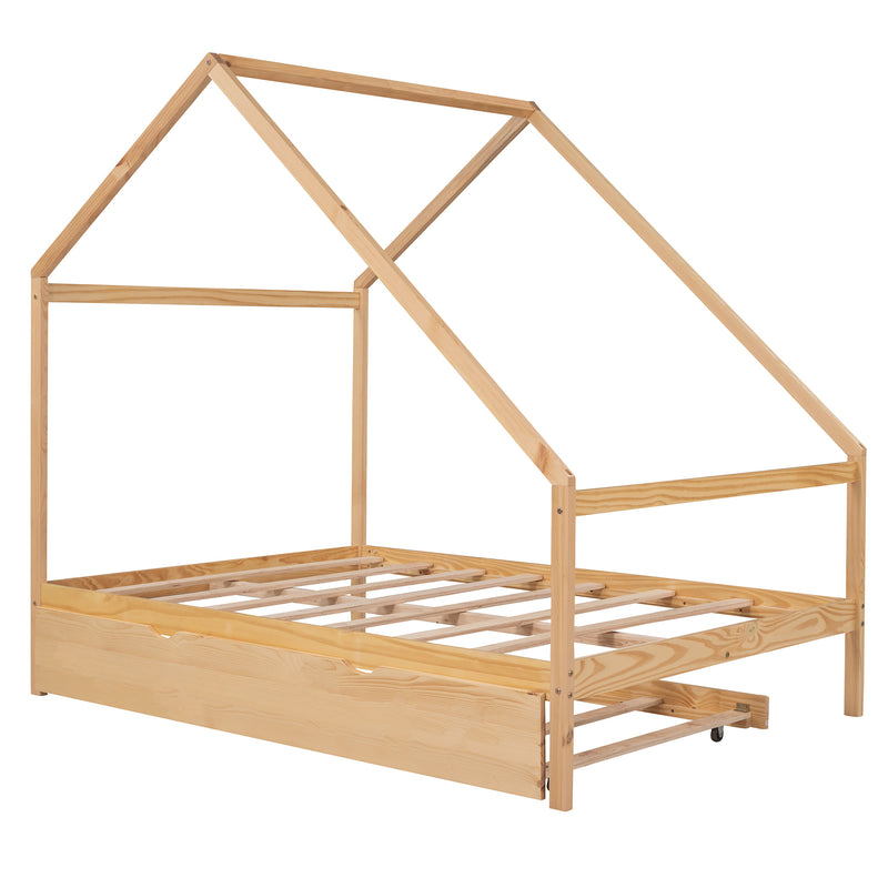 Full Size Wooden House Bed With Twin Size Trundle, Natural