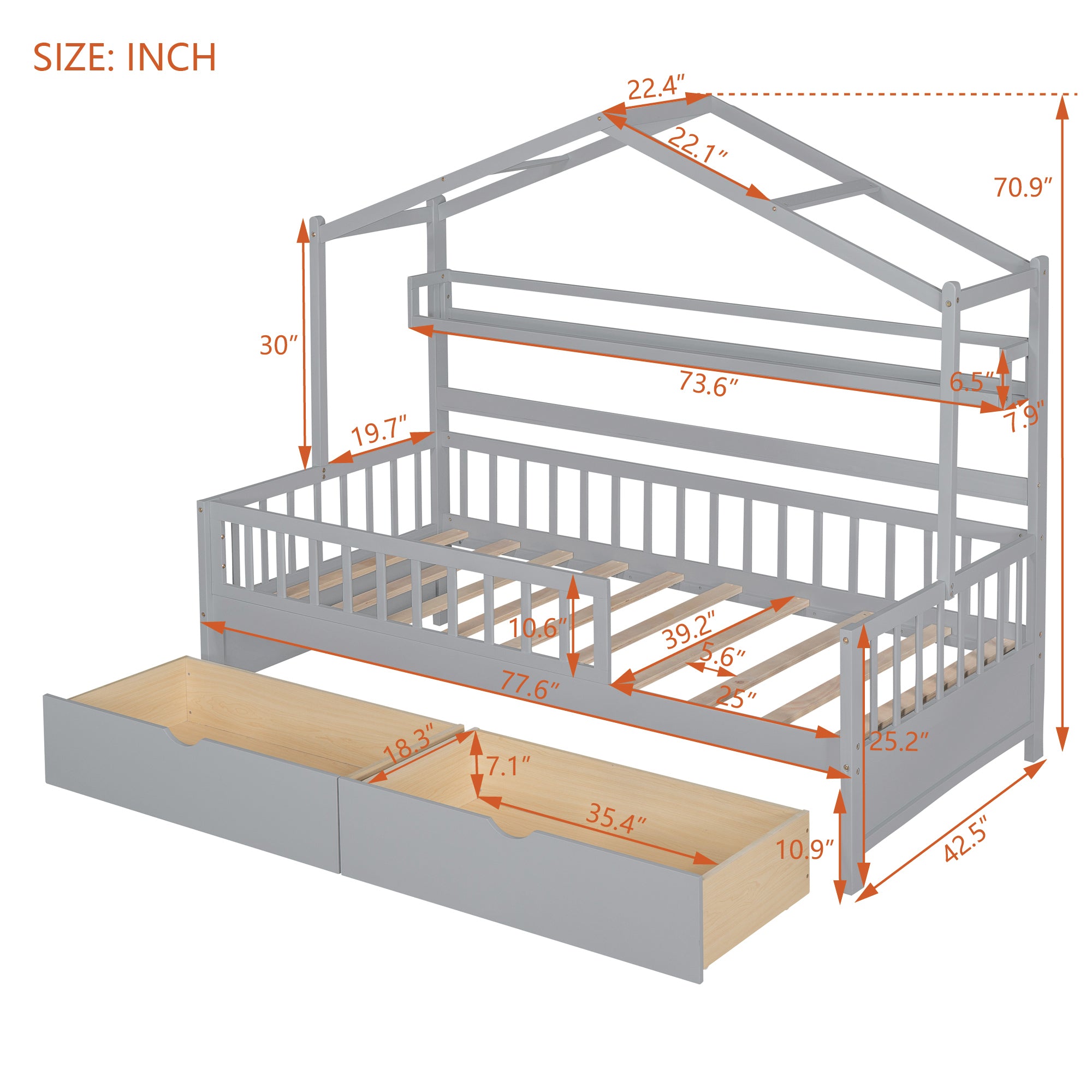 Wooden Twin Size House Bed with 2 Drawers,Kids Bed with Storage Shelf, Gray - Atlantic Fine Furniture Melbourne FL