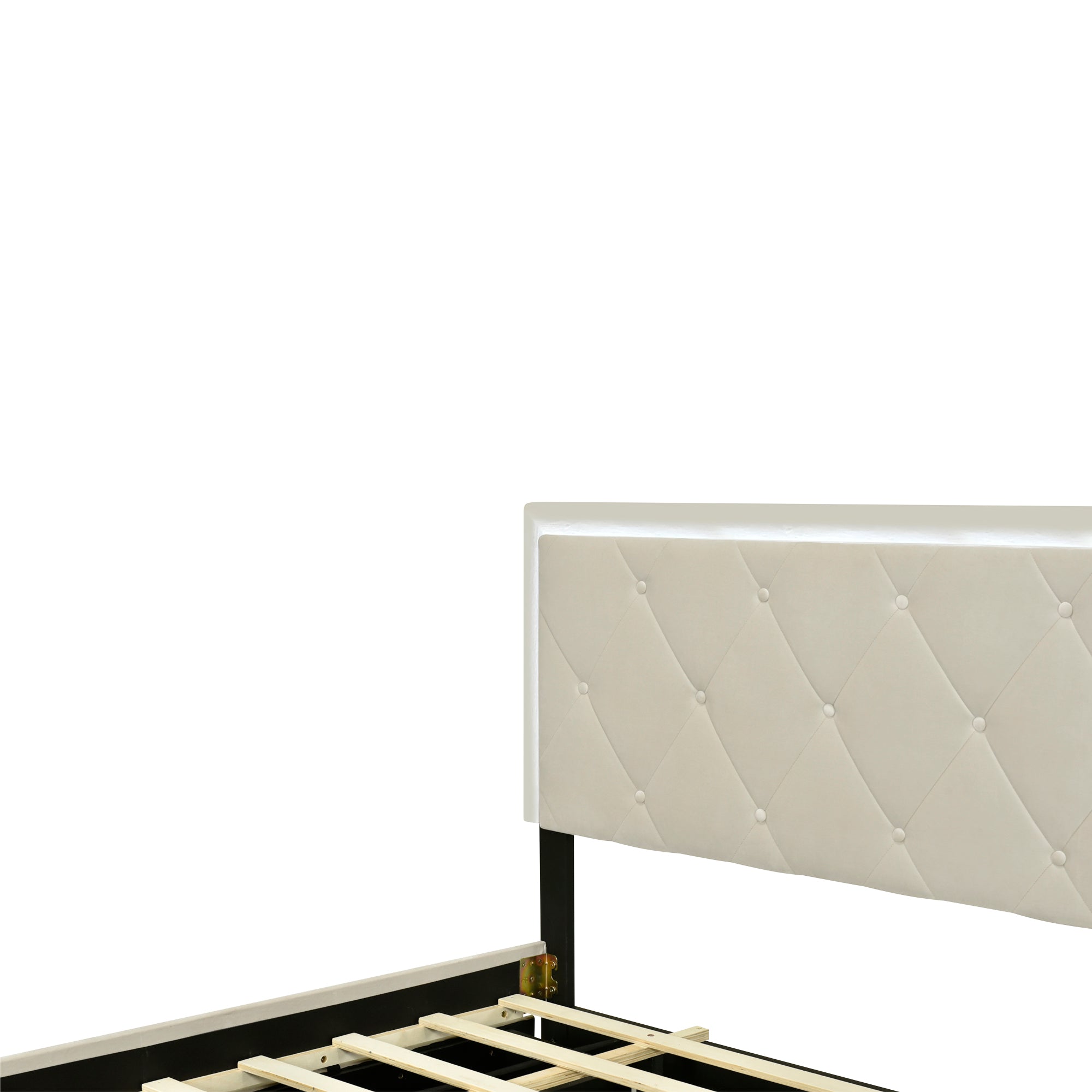 Full Size Velvet Storage Platform Bed, with 2 Big Drawers, T Size Trundle and LED Light, Beige - Atlantic Fine Furniture Melbourne FL
