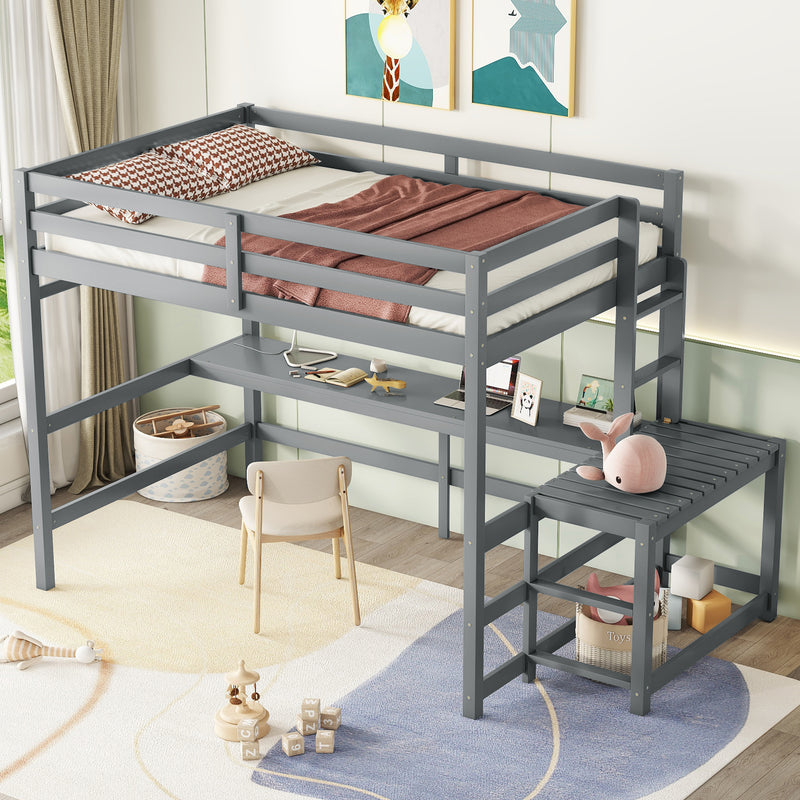 Full Loft Bed with Built-in Desk, Ladder Platform, Ladders, Guardrails,Grey