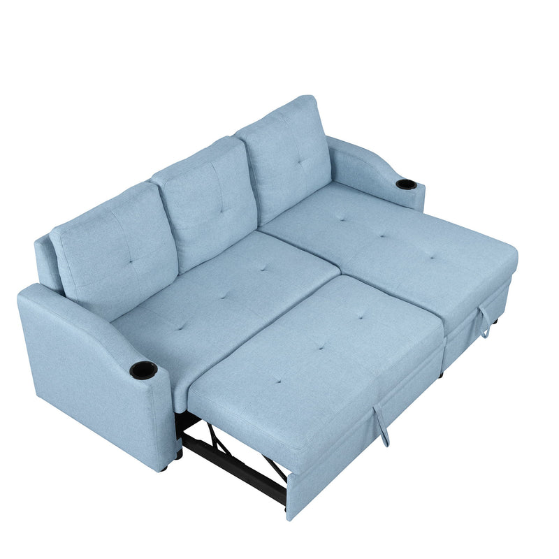 Pull Out Sofa Bed Modern Padded Upholstered Sofa Bed, Linen Fabric 3 Seater Couch With Storage Chaise And Cup Holder, Small Couch For Small Spaces