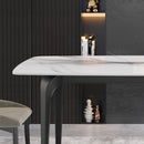 63" Modern Artificial Stone White Curved Black Metal Leg Dining Table, 6 People - White