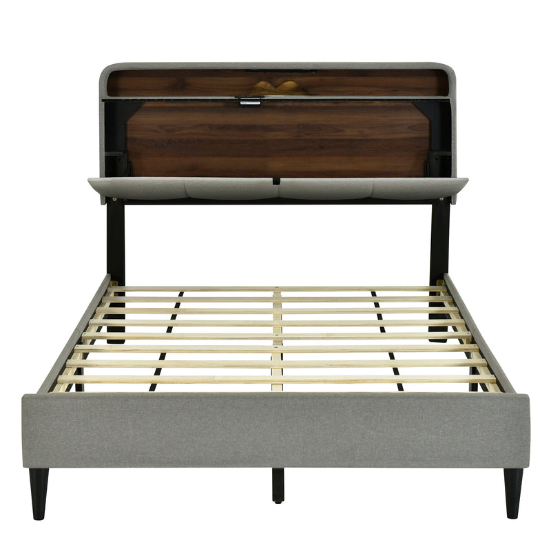 Full size Upholstered Platform Bed with Storage Headboard, Sensor Light and a set of Sockets and USB Ports, Linen Fabric, Gray