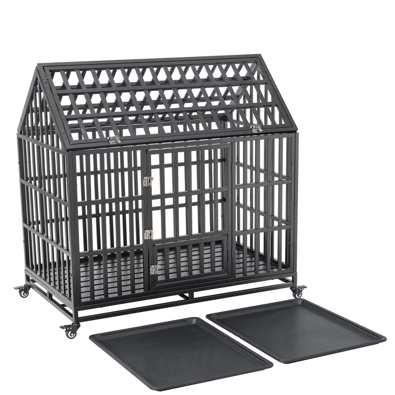 Heavy Duty Dog Cage Pet Crate With Roof & Window On Roof - Black