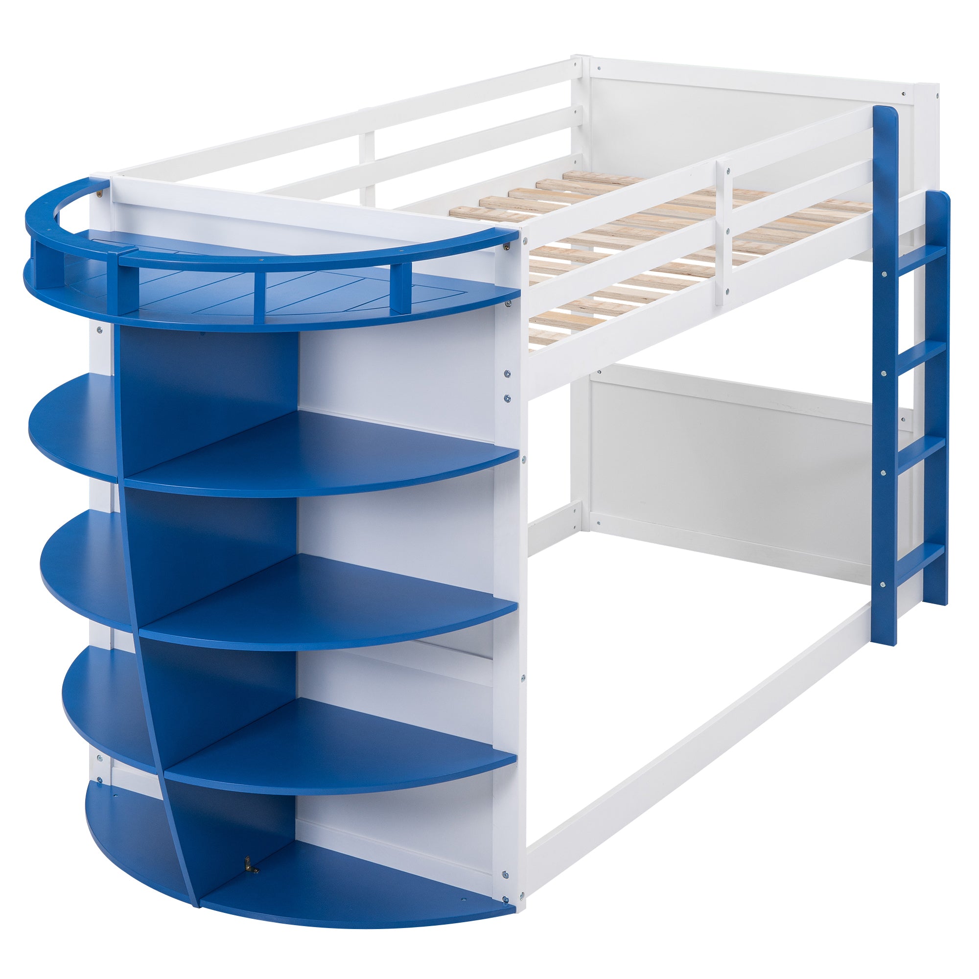 Twin over Twin Boat-Like Shape Bunk Bed with Storage Shelves, White+Blue - Atlantic Fine Furniture Melbourne FL