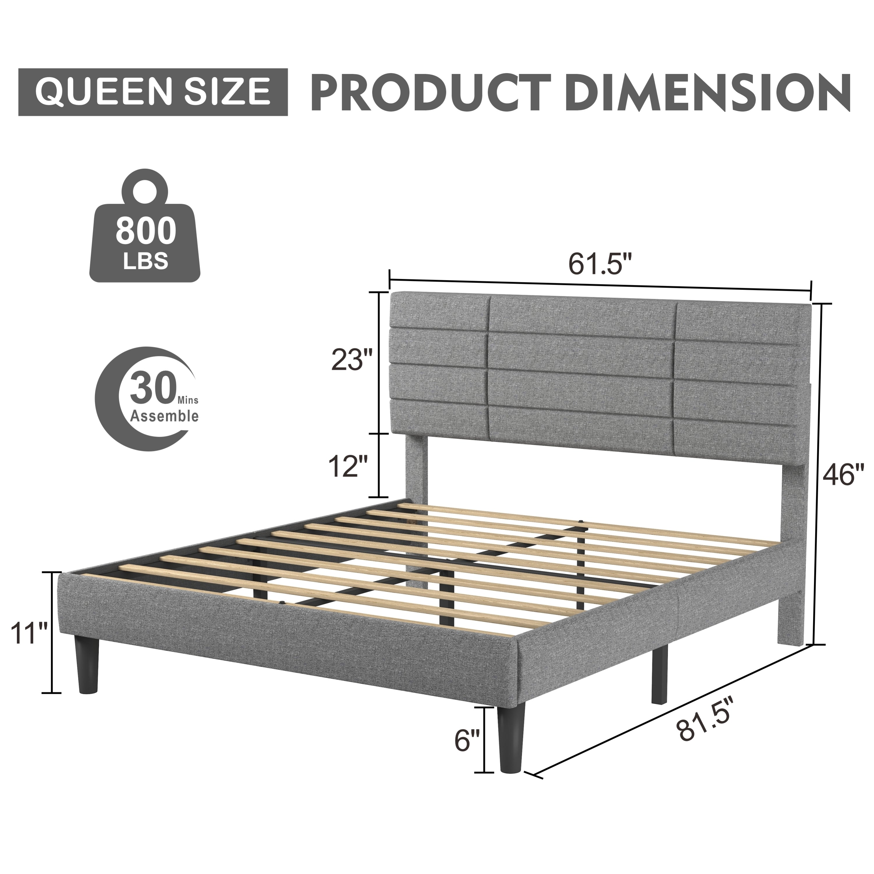 Molblly Queen Size Bed Frame with Upholstered Headboard, Strong Frame, and Wooden Slats Support, Non-Slip and Noise-Free, No Box Spring Needed, Easy Assembly, Light Grey