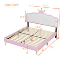 Full size Upholstered Princess Bed With Crown Headboard,Full Size Platform Bed with Headboard and Footboard with Light Strips,Golden Metal Legs, White+Pink