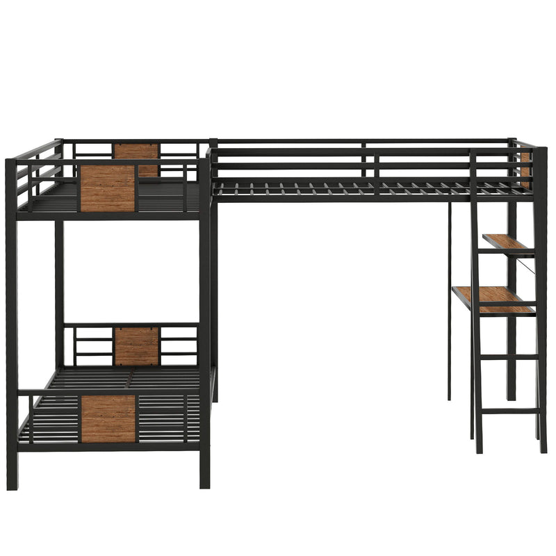 L-Shaped Twin Over Twin Bunk Bed With Twin Size Loft Bed With Desk And Shelf - Brown