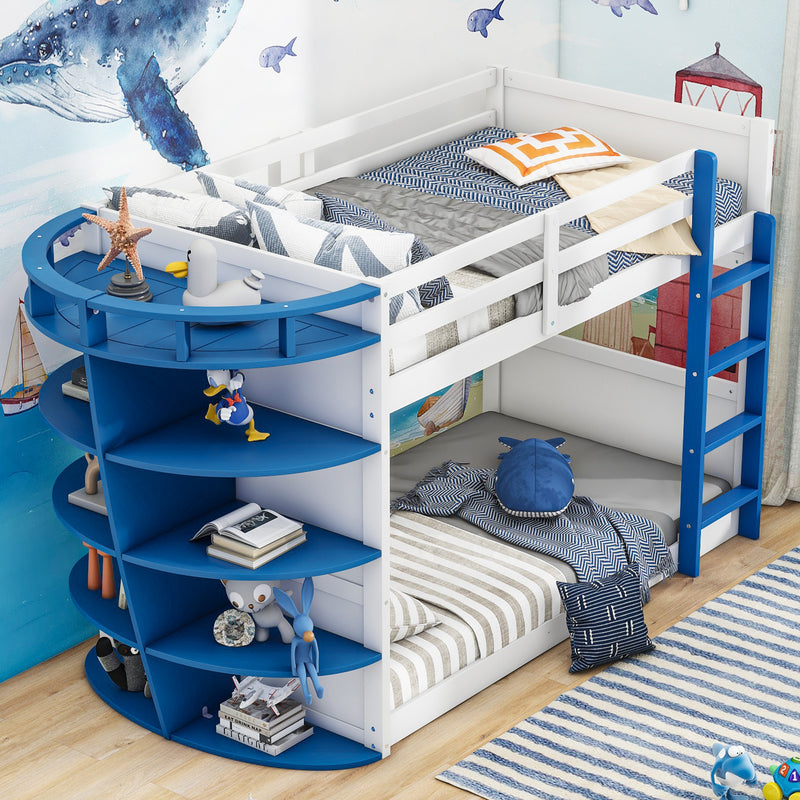 Twin over Twin Boat-Like Shape Bunk Bed with Storage Shelves, White+Blue