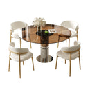Round Glass Dining Table With Stainless Steel Legs And Chairs