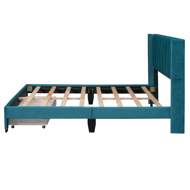 Queen Size Storage Bed Velvet Upholstered Platform Bed with a Big Drawer - Blue