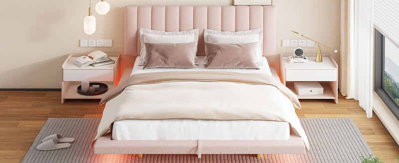 Upholstered Floating Hydrualic Platform Bed With LED Light And USB Port