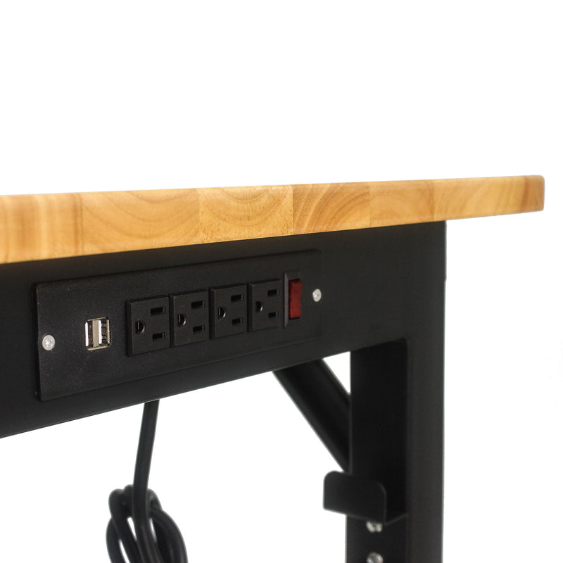 Metal Adjustable Worktable With Socket And Wooden Top - Black