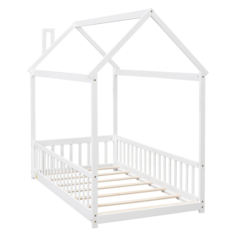 Twin House Bed with Guardrails, Slats ,White