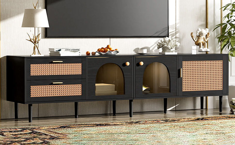 Rattan TV Stand With 3 Cabinets & 2 Drawers, Rattan-Inspired Media Console Table For Tvs Up To 80'', LED Light Entertainment Center, TV Cabinet For Living Room - Black