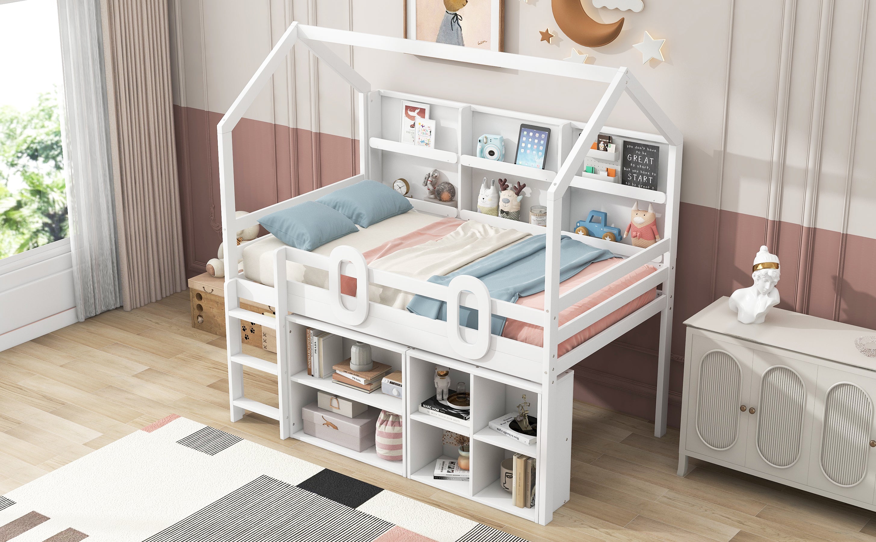 Twin Size House Loft Bed with Multiple Storage Shelves, White - Atlantic Fine Furniture Melbourne FL