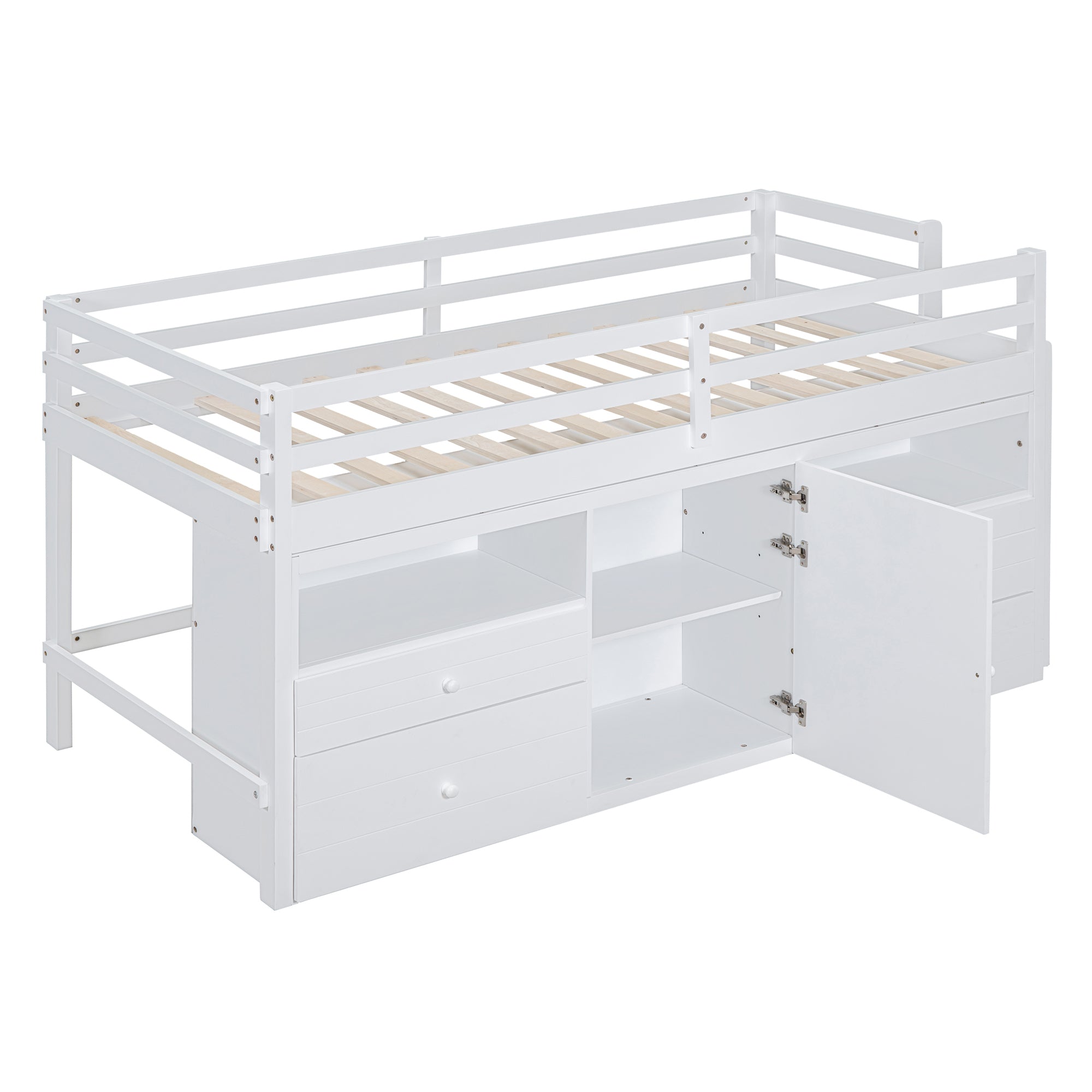 Twin Size Loft Bed with 4 Drawers, Underneath Cabinet and Shelves, White - Atlantic Fine Furniture Melbourne FL