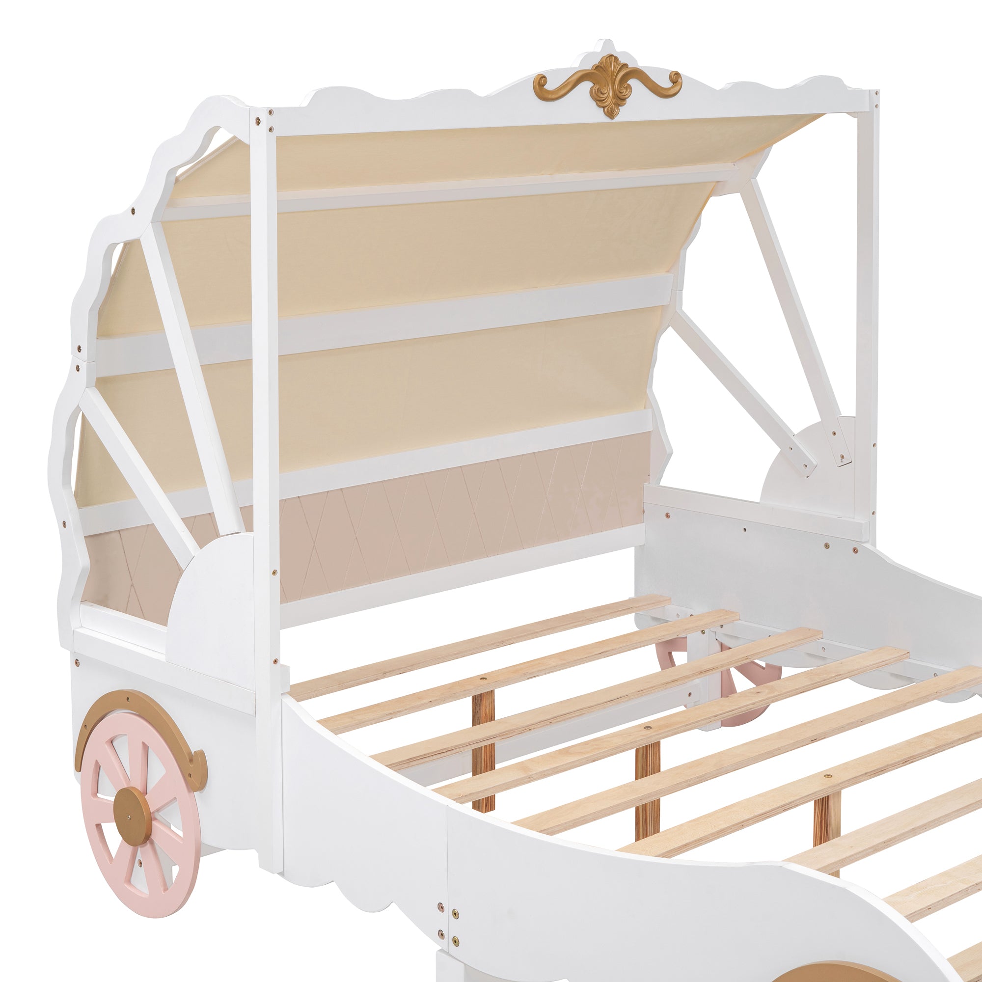 Full Size Princess Carriage Bed with Canopy, Wood Platform Car Bed with 3D Carving Pattern, White+Pink+Gold - Atlantic Fine Furniture Melbourne FL