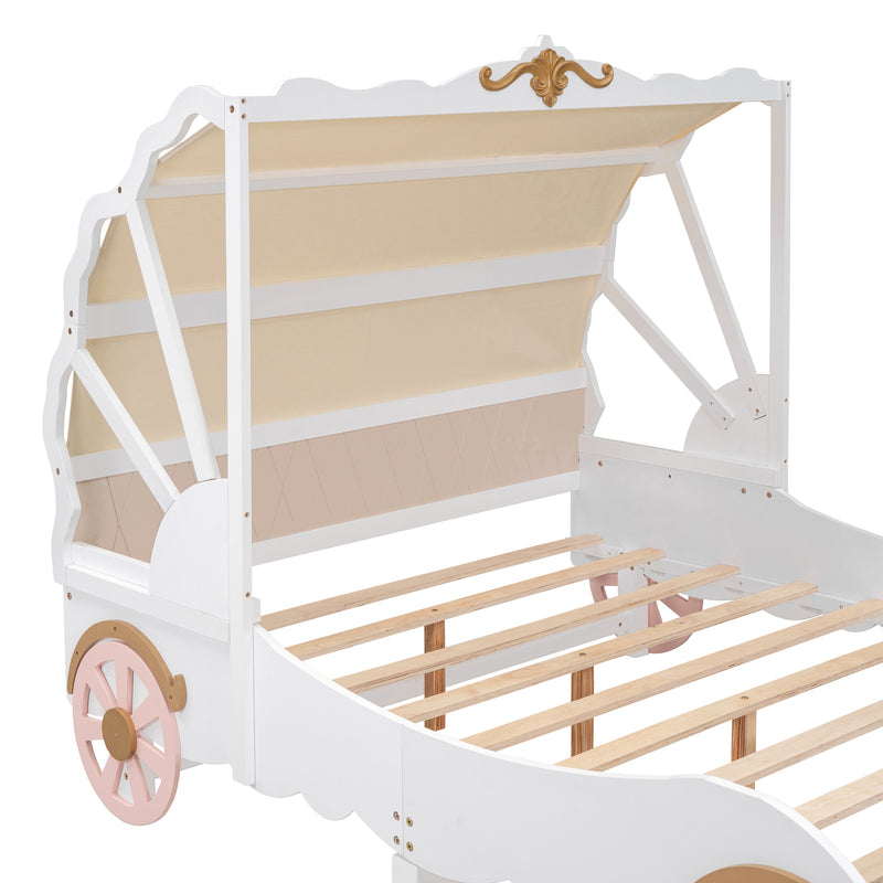 Full Size Princess Carriage Bed with Canopy, Wood Platform Car Bed with 3D Carving Pattern, White+Pink+Gold