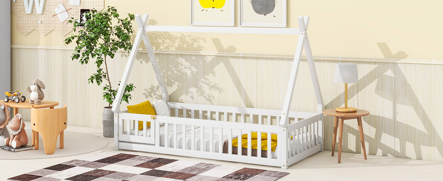 Twin Tent-shaped Floor Bed, with Guardrails, Slats, Door ,White