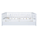 Full Size Wood Daybed with Trundle and Fence Guardrails, White