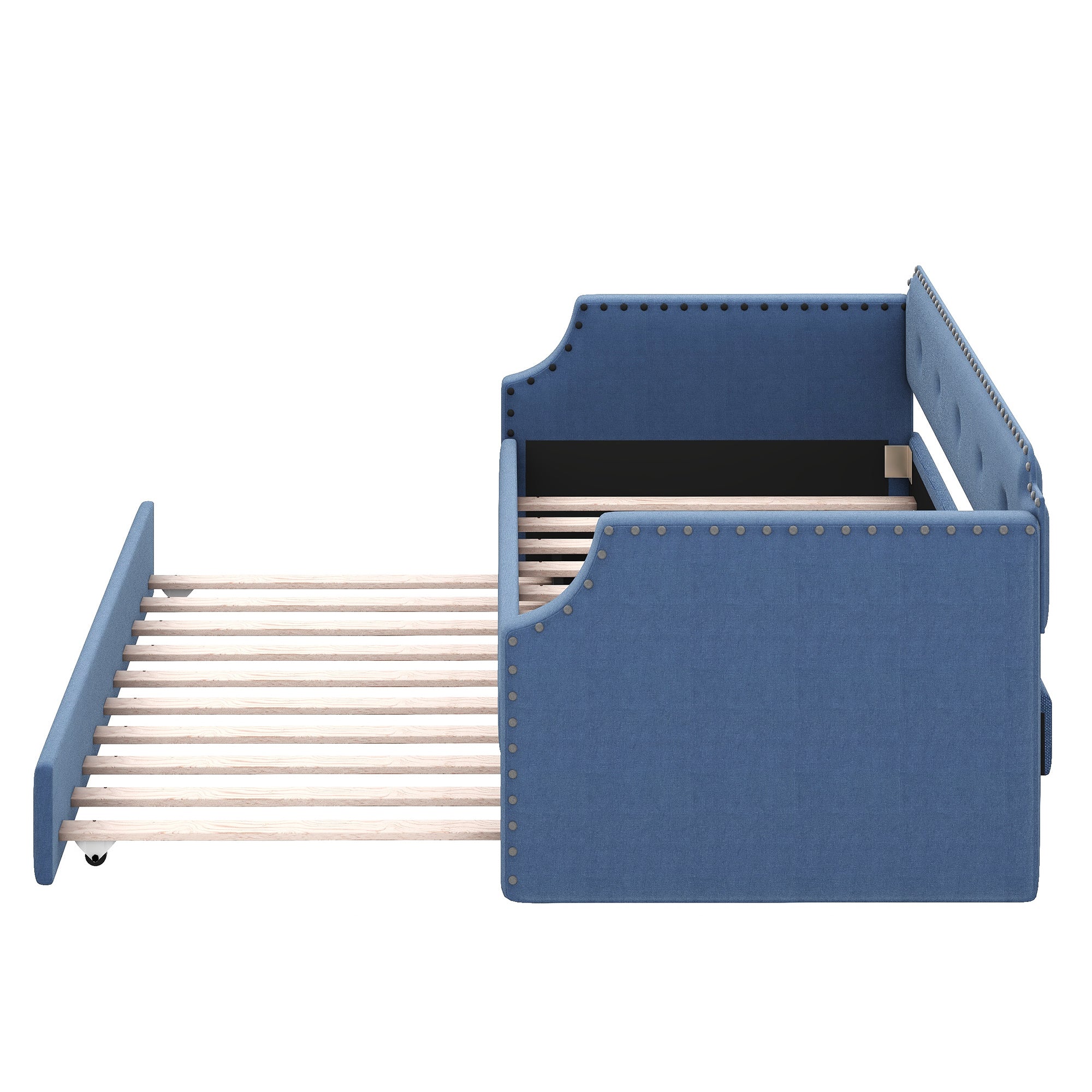 Upholstered Daybed with Trundle, Wood Slat Support,Upholstered Frame Sofa Bed , Twin,Blue - Atlantic Fine Furniture Melbourne FL