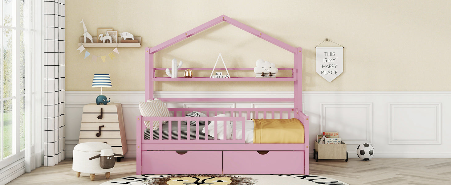 Wooden Full Size House Bed with 2 Drawers,Kids Bed with Storage Shelf, Pink - Atlantic Fine Furniture Melbourne FL