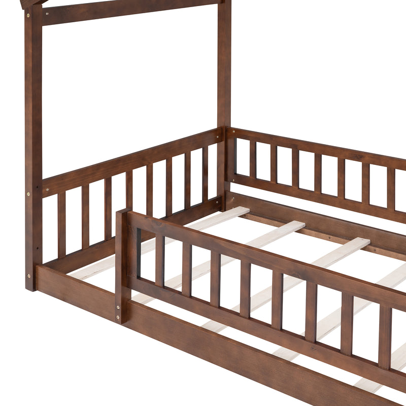 Twin Size Wood Bed House Bed Frame with Fence, for Kids, Teens, Girls, Boys, Walnut