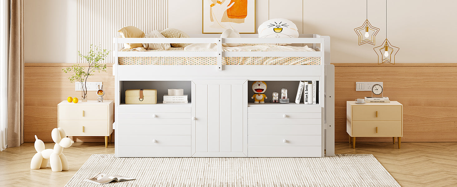 Twin Size Loft Bed with 4 Drawers, Underneath Cabinet and Shelves, White - Atlantic Fine Furniture Melbourne FL