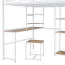 Full Size Loft Bed With Desk And Stool, With Open Style Wardrobe, Shelves And Cabinet - White