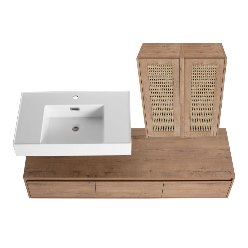 Modern Wall Mounted Bathroom Vanity With Resin Sink And 2 Side Cabinet, Imitative , Construction - Imitative Oak