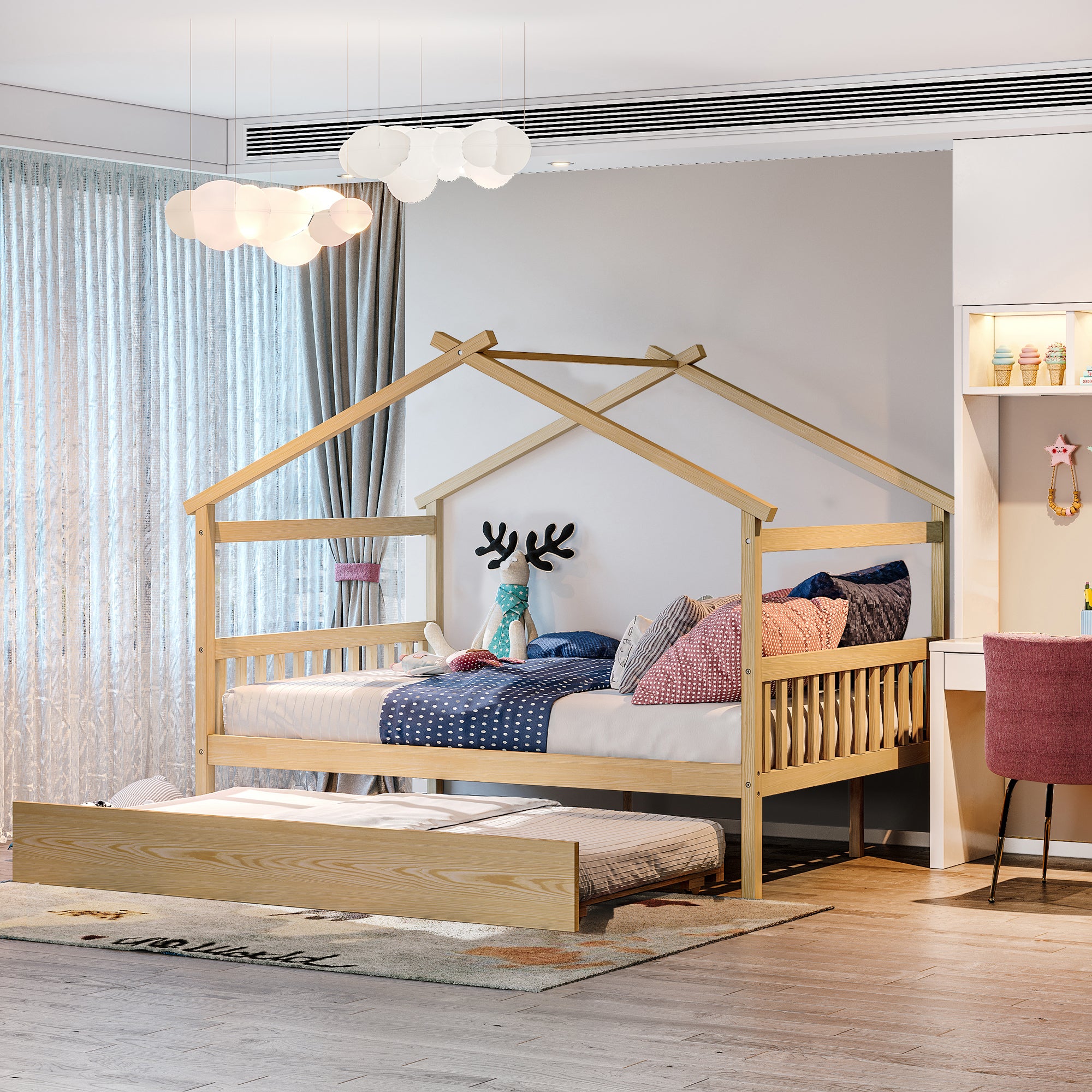 Full Size Wooden House Bed with Twin Size Trundle, Natural - Atlantic Fine Furniture Melbourne FL
