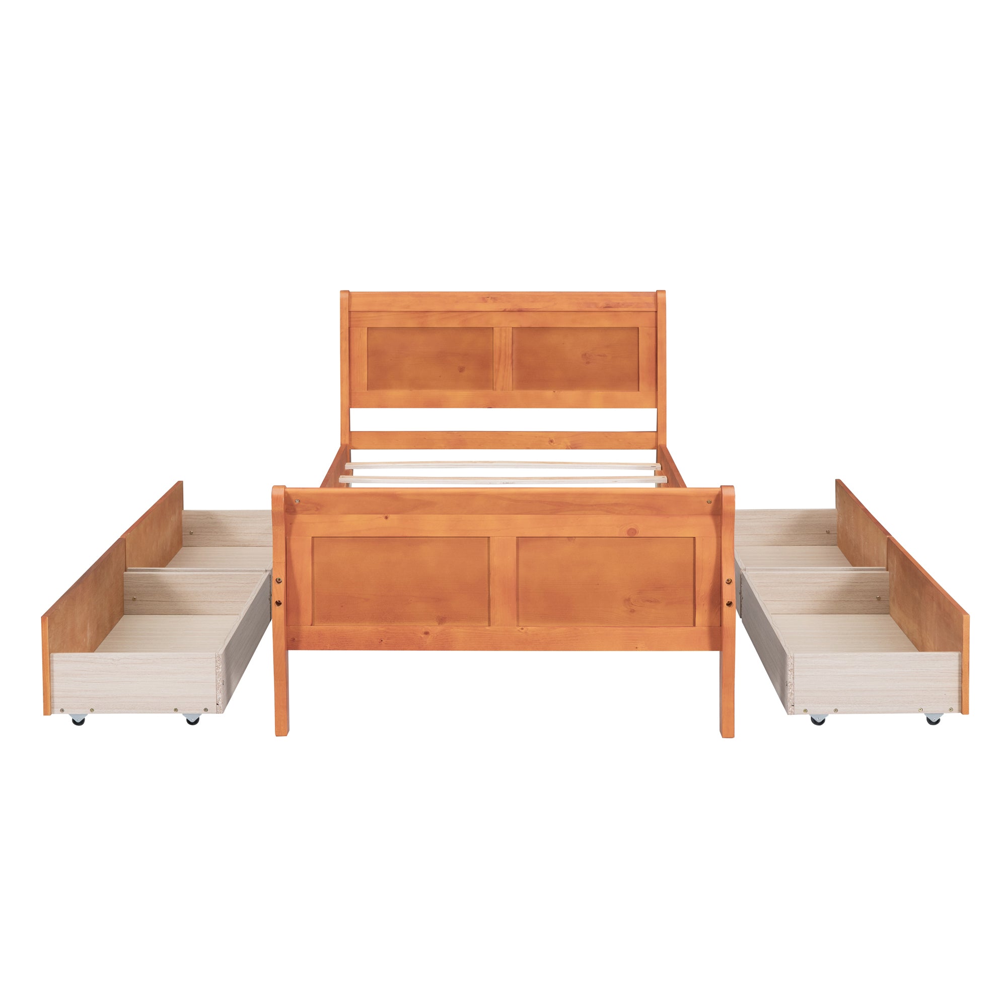 Twin Size Wood Platform Bed with 4 Drawers and Streamlined Headboard & Footboard, Oak - Atlantic Fine Furniture Melbourne FL