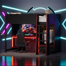 Gaming Loft Bed With Built In Desk, Wardrobe, LED Lighting And Drawer