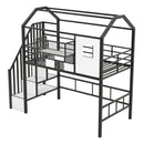 Metal Loft Bed With Roof Design And Storage Box With Guardrails And Integrated Ladder
