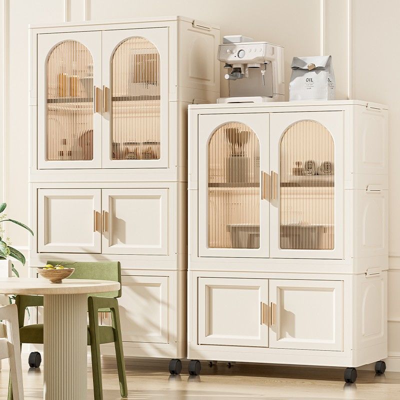 Side Wide Folding Wardrobe, With Magnetic Door, Plastic Storage Cabinet With Wheels (1 Layer Of Wardrobe + 2 Layers Of Folding Boxes + 10 Hangers) - Cream White