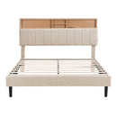 Queen Size Upholstered Platform Bed with Storage Headboard and USB Port,  Linen Fabric Upholstered Bed (Beige)