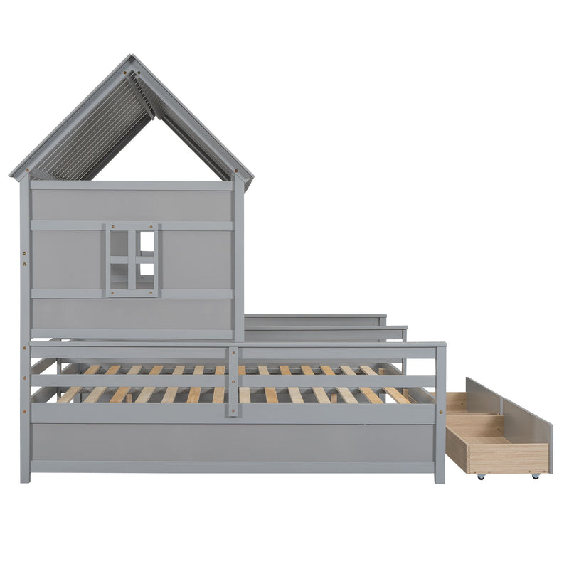 Twin Size House Platform Beds With 2 Drawers For Shared Use - Gray