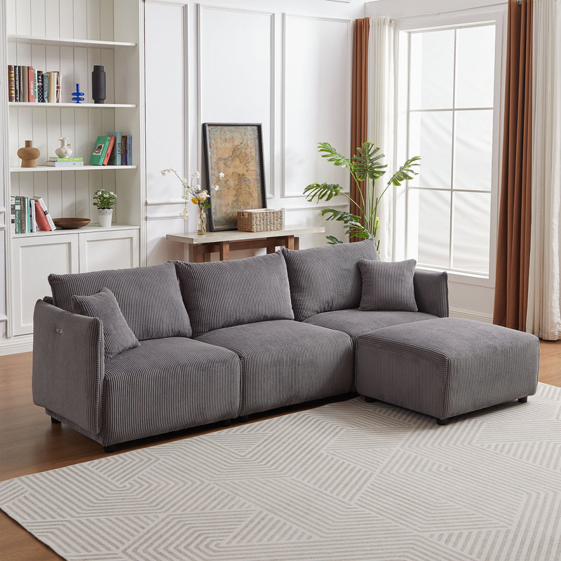 Multi-Module Combination Style Sofa For Living Room, Bedroom And Other Lounge Spaces, Modern Minimalist Corduroy Combination Sofa With 2 Comfort Cushions With USB & C Charging Ports, Two Sets