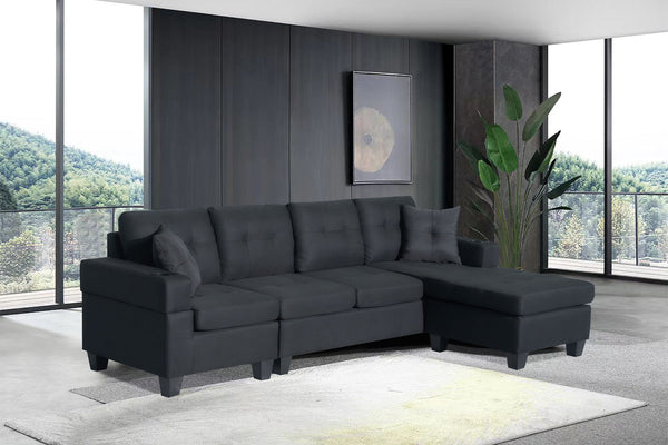 Nala - Wide Fabric Reversible Sectional Sofa With Cupholders And 2 Throw Pillows - Black