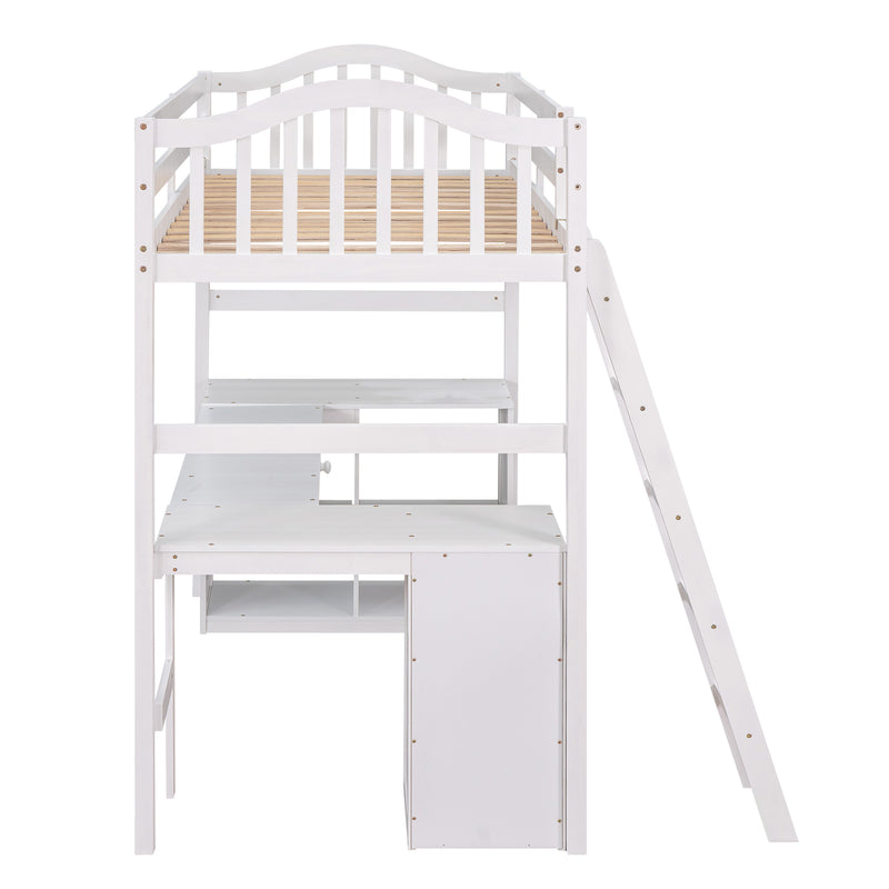 Twin size Loft Bed with Drawers, Cabinet, Shelves and Desk, Wooden Loft Bed with Desk - White(OLD SKU :LT000505AAK)