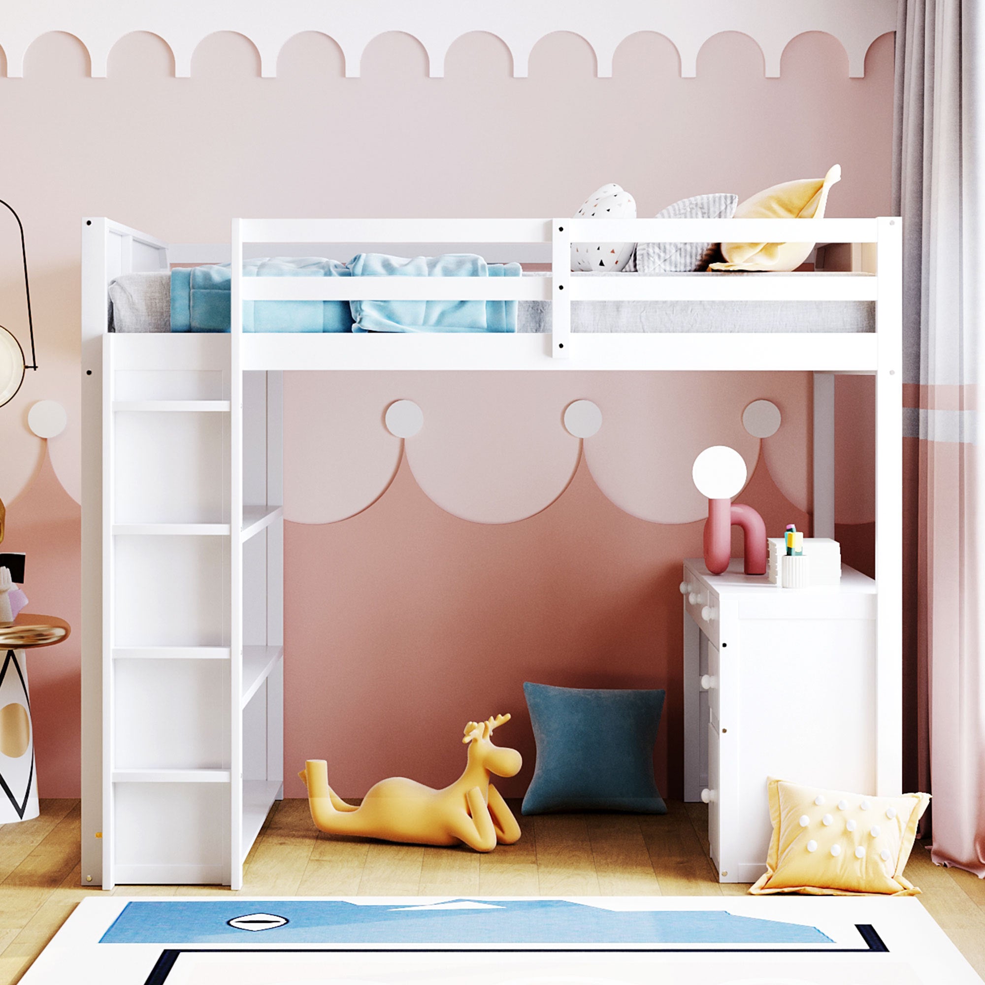 Full Size Loft Bed with Ladder, Shelves, and Desk, White - Atlantic Fine Furniture Melbourne FL
