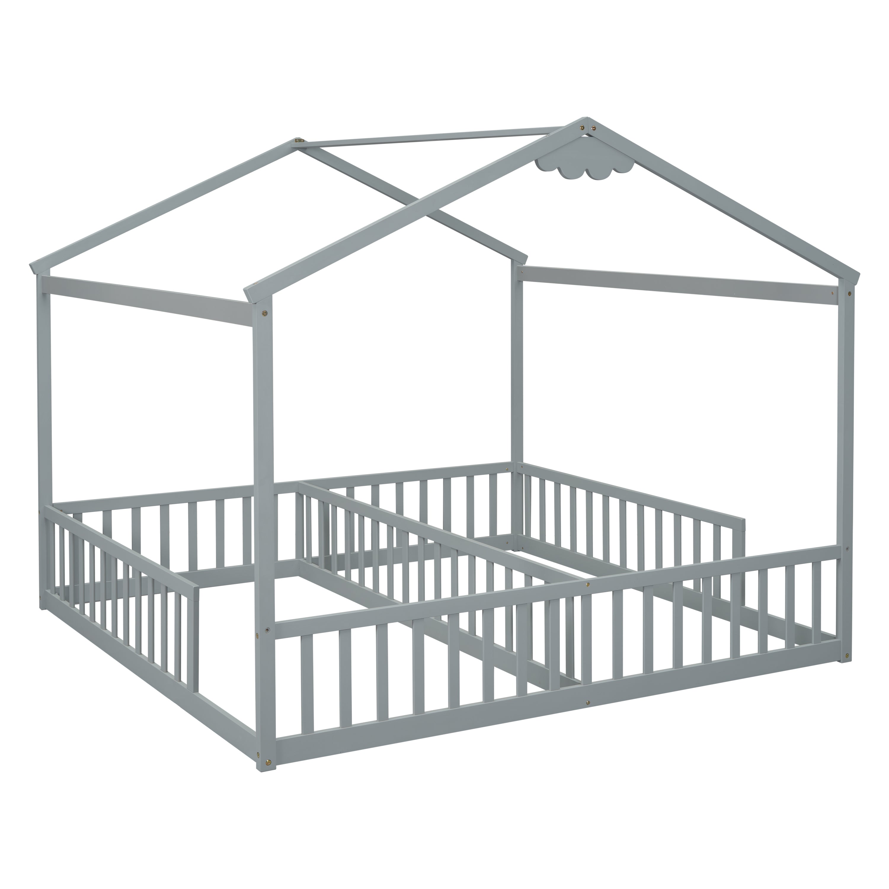 Double Twin House-Style Floor Bed with Fence, Guardrails, without door, Grey