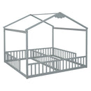 Double Twin House-Style Floor Bed with Fence, Guardrails, without door, Grey