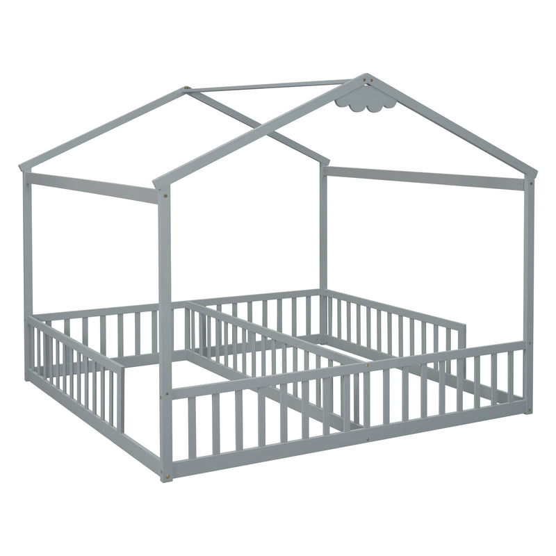 Double Twin House-Style Floor Bed with Fence, Guardrails, without door, Grey