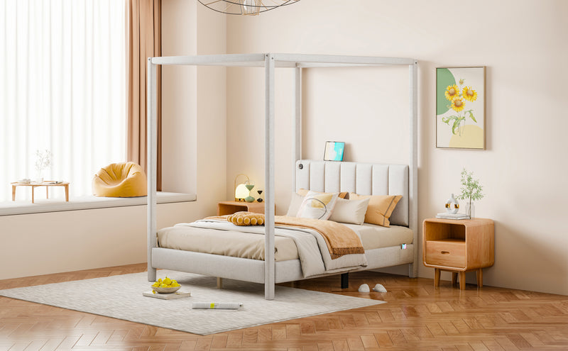 Full Size Canopy Platform Bed with USB and Type-C Ports, Canvas, Beige